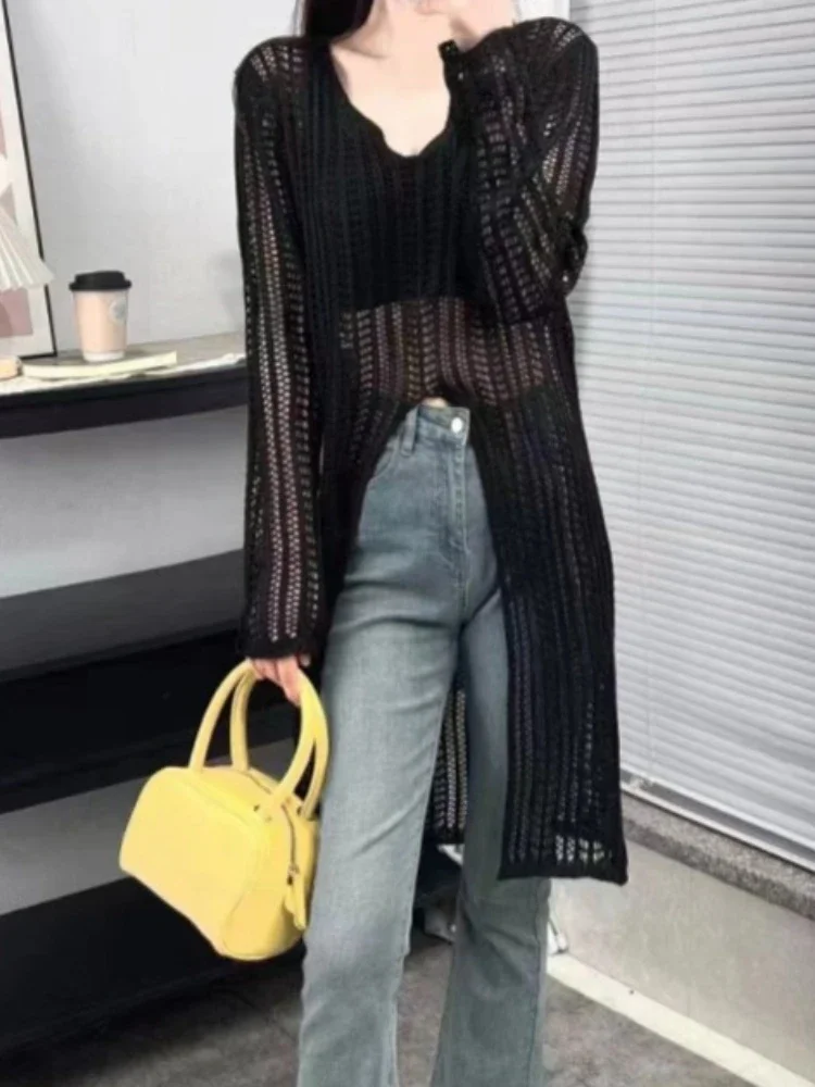 New V-neck Medium and Long Women's Long-sleeved Knitted Sweater Fashionable Hollow Solid Color Knitwear Casual Slim-fit Blouse