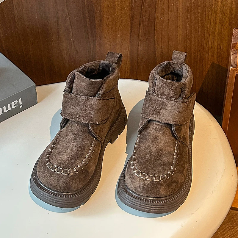 Children Ankle Boots Retro British Style Girls Fashion Princess Boots Suede Warm 2025 Winter New Kids Short Boots Hook&loop Soft