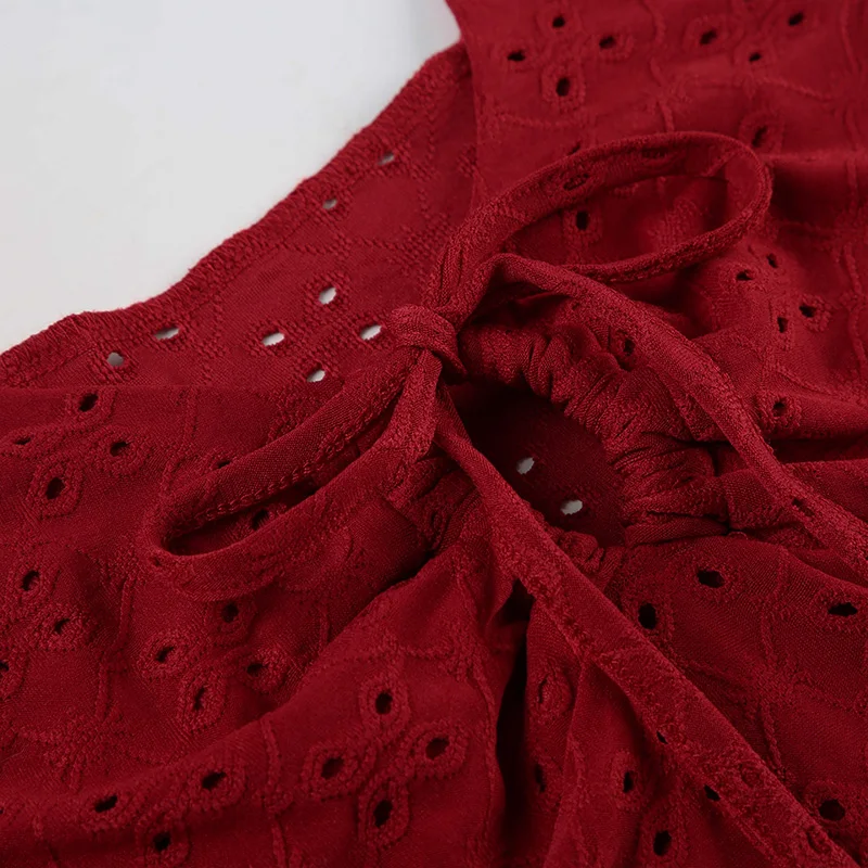 Blusas exquisitas con cuello en V, espalda descubierta y sin mangas con encaje rojo navideño para mujer