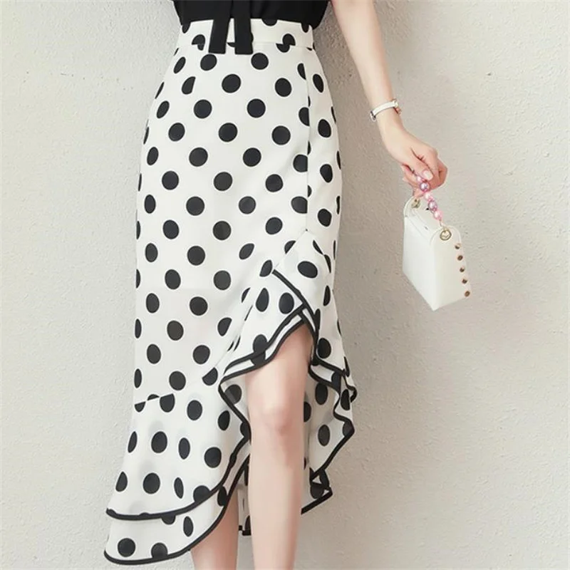 

Irregular chiffon skirt women's mid-length high waist 2022 new ruffled polka dot a-line fishtail skirt