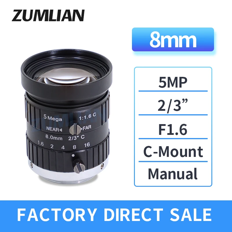 

ZUMLIAN 8mm Fixed Focus 5.0MP C-Mount Manual Iris Machine Vision Lens 2/3 Inch F1.6 Aperture Camera for Industrial Inspection FA