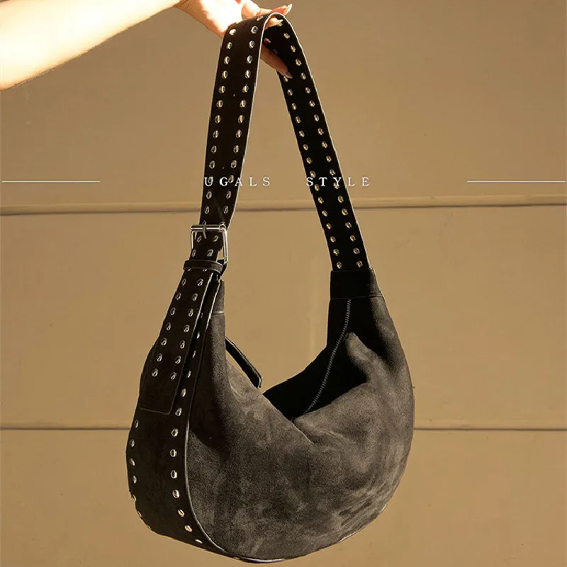 Fashion Rivet Suede Women Bag Luxury Half Moon Shoulder Bag Designer Tote Bags For Women Handbags 5 Underarm Bags New Clutch