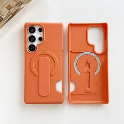 Soft Liquid Silicone Magnetic Case with Strap Holder and Card Slot - Shockproof Cover - Galaxy S26+ (Orange)