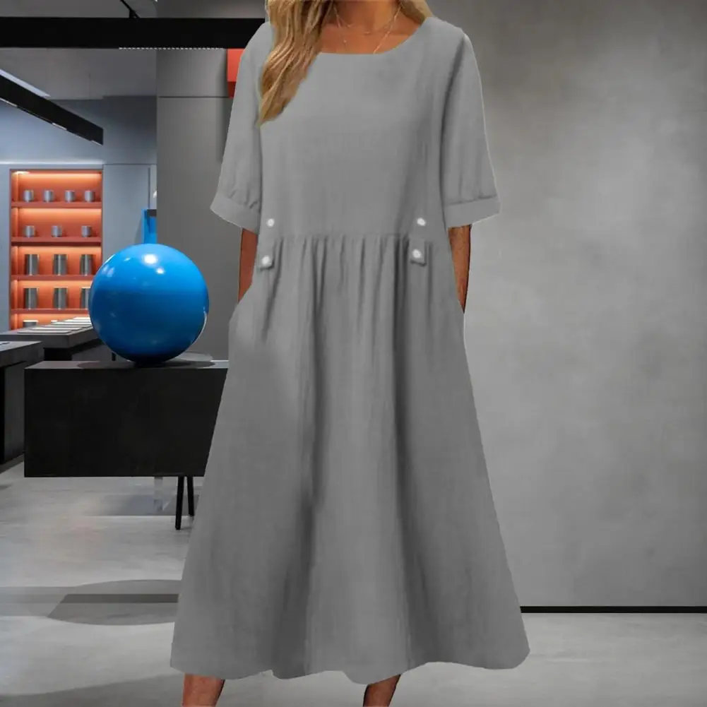 

Chic Women Dress Double Pockets Daily Wear Washable All-Matched Casual Dress