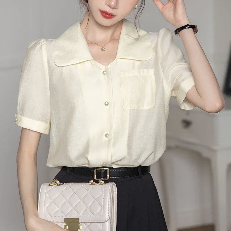 

New Elegant Female Clothing Summer Short Sleeve Blouse Women Tops Office Lady Peter Pan Collar Shirts Button Up Blouse 28091