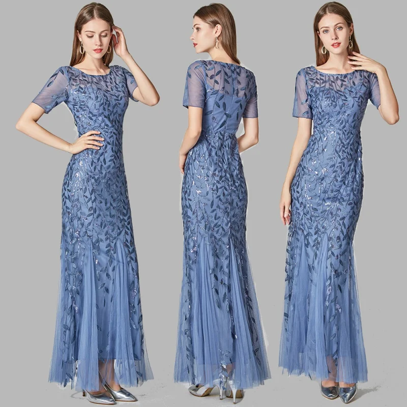 

Spring and Summer 2024 Banquet Host European and American Slim Mesh Sequins Evening Dress Fishtail Dress for Women