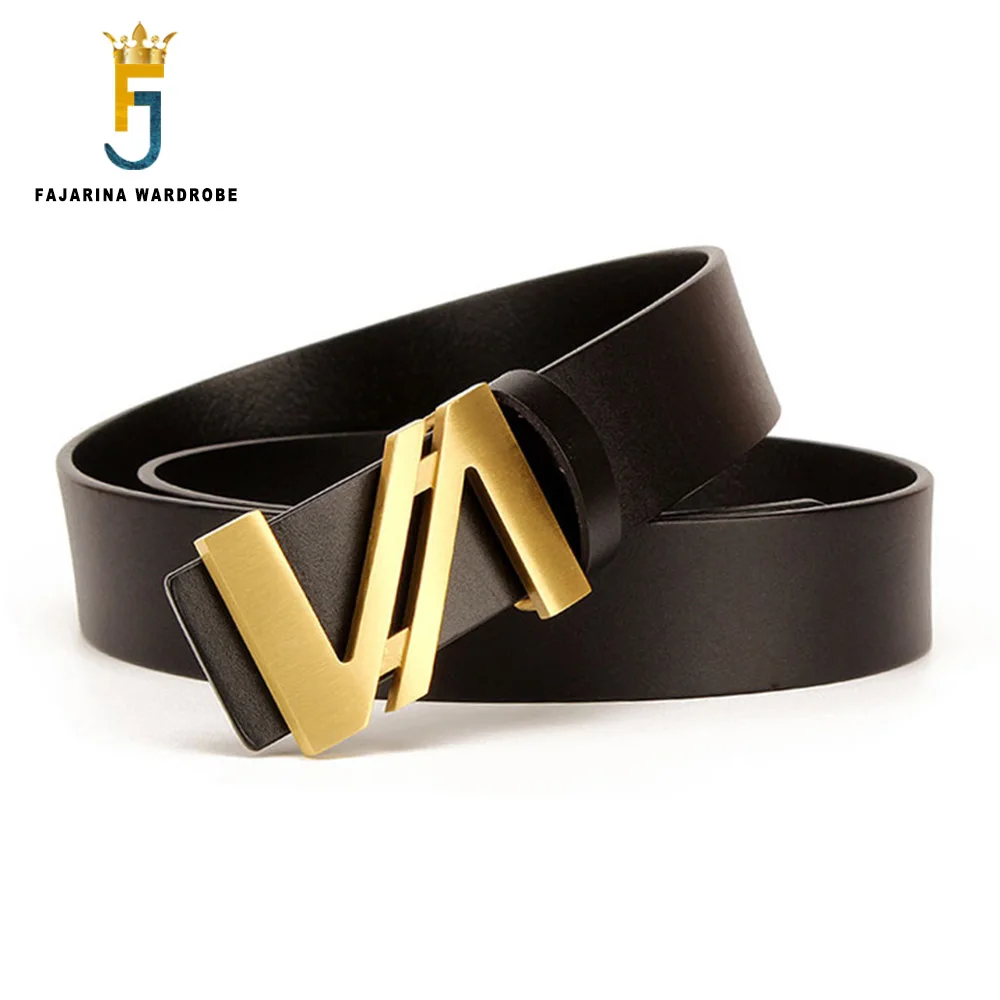 

FAJARINA Design Top Quality Cowhide Leather Belt V Letter Slide Alloy Black Buckle Belts Men Jeans & Pants Accessories N17FJ1188