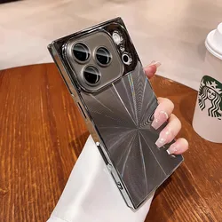 Luxury Plating CD Texture Square Armor Phone Case with Crystal Lens Glass and Shockproof Cover - iPhone 15 (Titanium Grey)