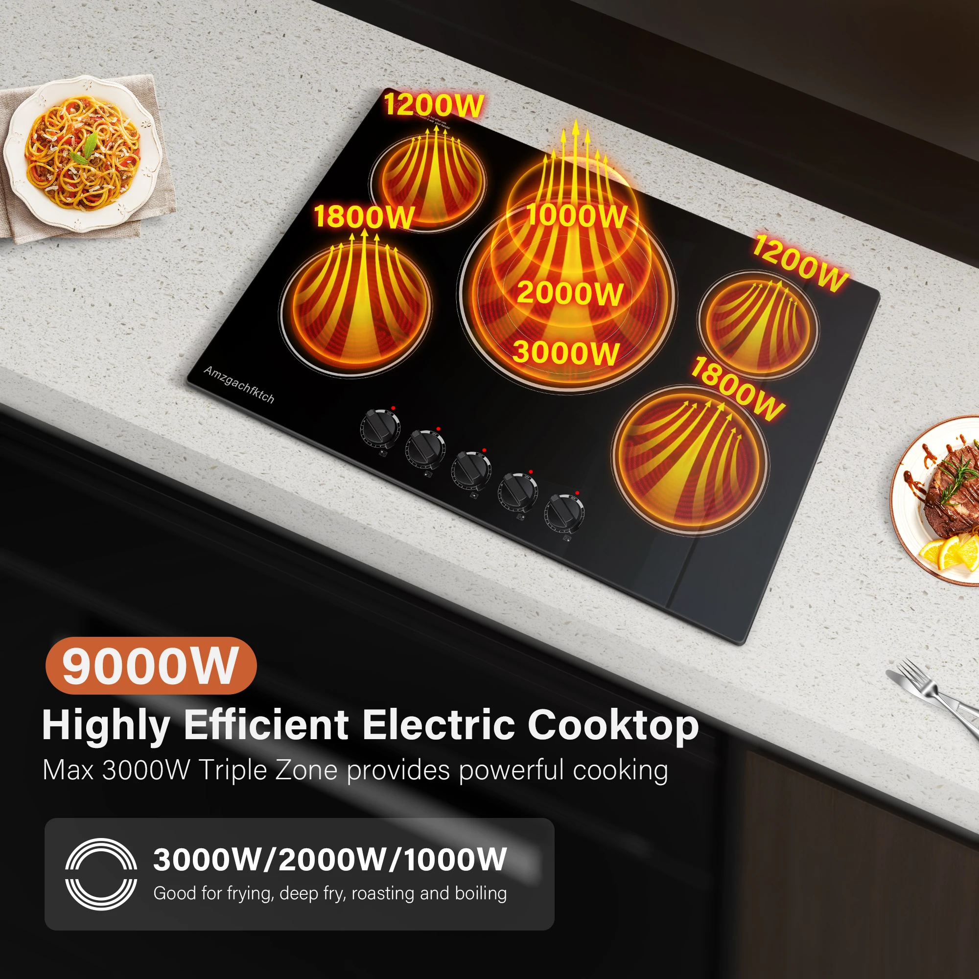 30in 5-Burner Built-In 9000W, Knob Control Ceramic Stove Easy Clean, No Radiation Family-Safe Electric Cooktop 5