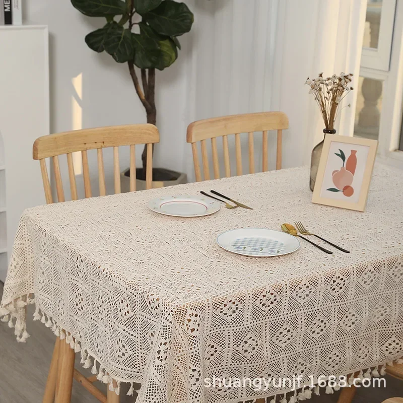 

INS Tassel Vintage Cotton and Linen Table Cloth Dining Living Room Decoration Pastoral Hollow Lace Tablecloth Colorproof Nordic