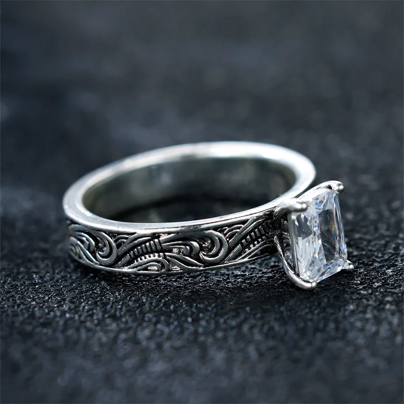 Cute Female White Zircon Stone Ring Trendy Silver Color Square Engagement Bride Wedding Jewelry For Women