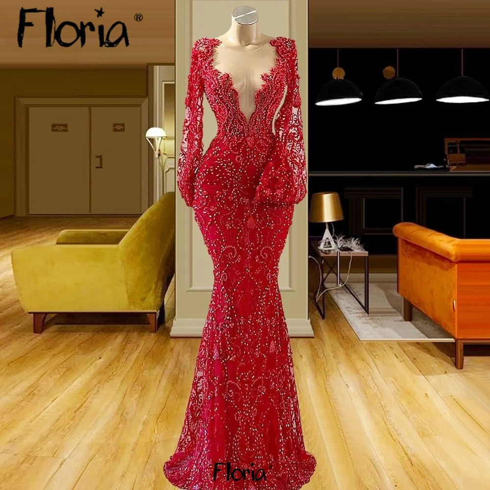 

Longue Robes 2023 Mermaid Red Formal Prom Gowns Deep V Neck Beaded Sequined Lace Evening Dresses Women Custom Made Plus Size