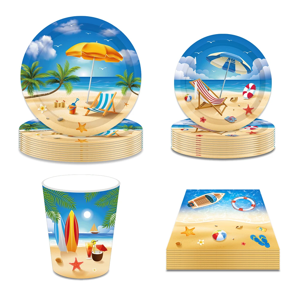 

Hawaii Beach Party Disposable Tableware Set Summer Swimming Birthday Plates Cups Paper Napkin Baby Shower Party Dinnerware Decor