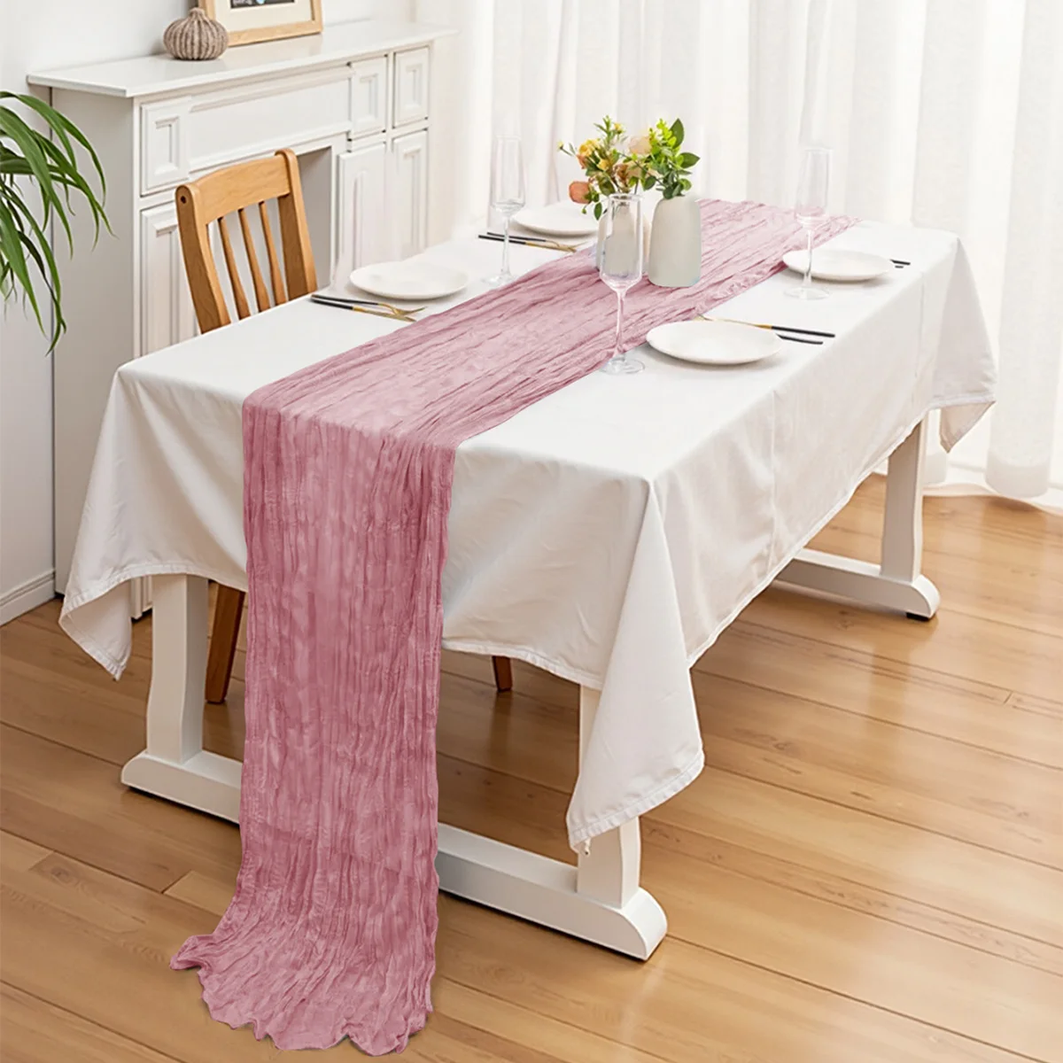 31.5IN X 118.11IN Christmas Table Runner, Rustic Polyester Cheesecloth Tableclot
