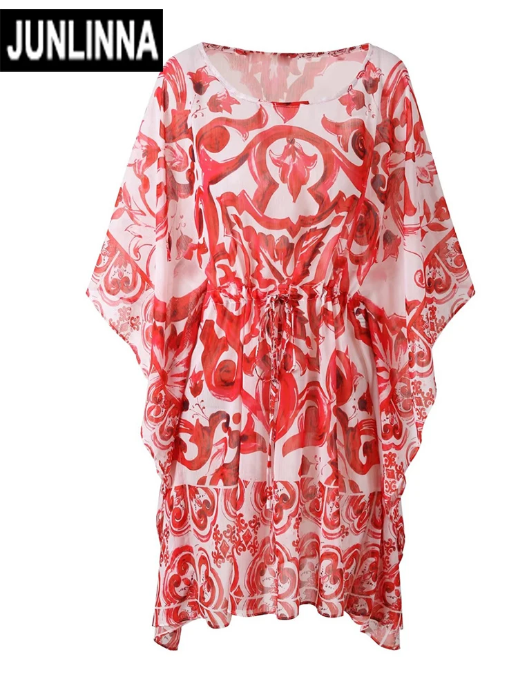 

JUNLINNA Fashion Chiffon Red Porcelain Print Dress Summer Women Casual Mini Vestidos Three Quarter Batwing Sleeve Shirring Slims