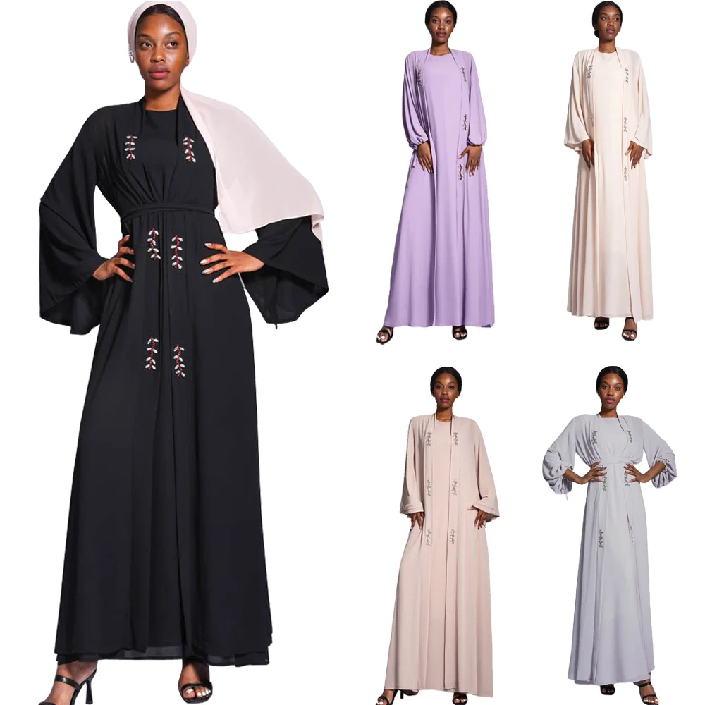 

Muslim Abaya Set 2 Piece Ramadan Dress Women Party Chiffon Long Dress+Open Kimono Cardigans Islamic Clothing Dubai Tukish Outfit