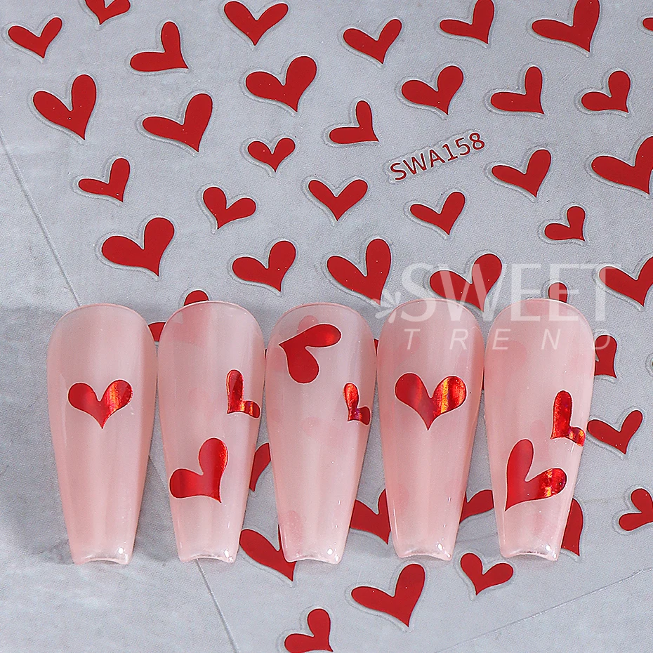6pcs Valentine's Day Love Heart Nail Art Stickers Black White Red Peach Heart Lines Nail Decals DIY Romantic Manicure Decoration