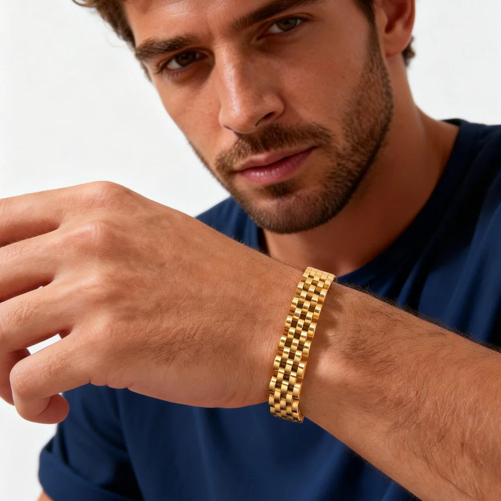 10MM Massives Gliederarmband für Männer und Frauen, Vergoldetes Edelstahl-Kettengliederarmband, Luxuriöses Schmuckgeschenk