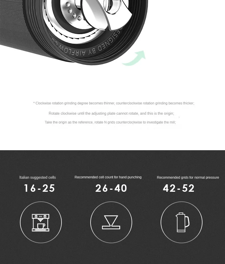 S1d33c550ac054eb5ad9a65827ed52affM AIRFLOW Manual Coffee Grinder CNC Stainless Steel Double point central shaft fixed 5core/7core Hand Burr Coffee Bean Grinding