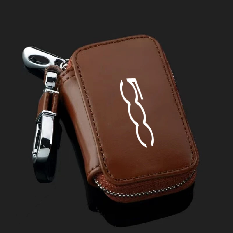 Genuine Leather Car Key Fob Case Cover Keychain Zipper Bag Protection Shell For Fiat 500 Abarth Punto Stilo Ducato Palio