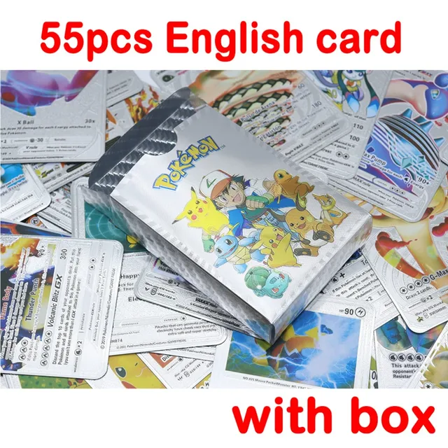 Pokemon Metal Card Spanish Box Gold Black Golden Letters Silver English Vmax Gx Collection Charizard Pikachu Cards Pack Toy Gift 55pcs English silver