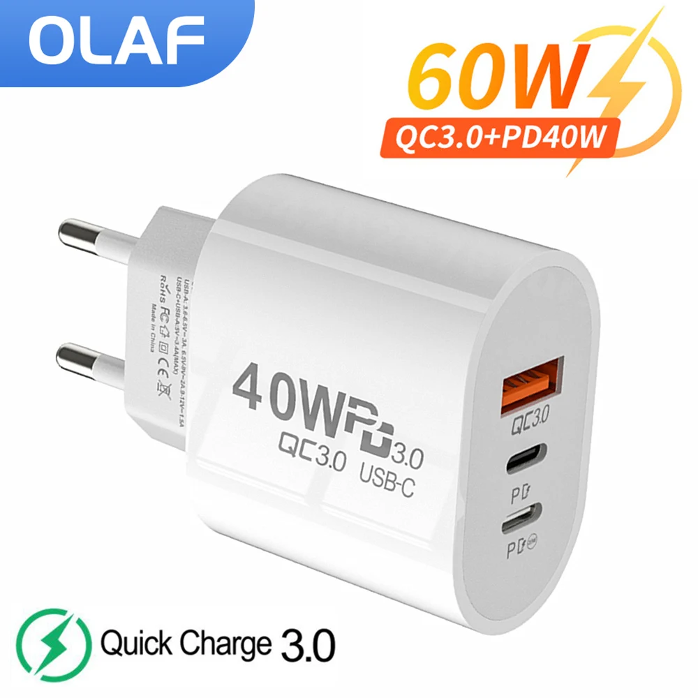Olaf USB C Charger 60W Fast Charging Charger 3Ports Type C Mobile Phone Charger PD Power Adapter for Samsung Xiaomi iPhone QC3.0