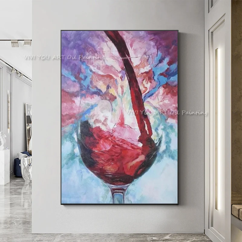 Hand Painted Abstract Oil Painting Modern Home kitchen Decoration Wall Art Picture Colorful Wine Glass Acrylic Paintings