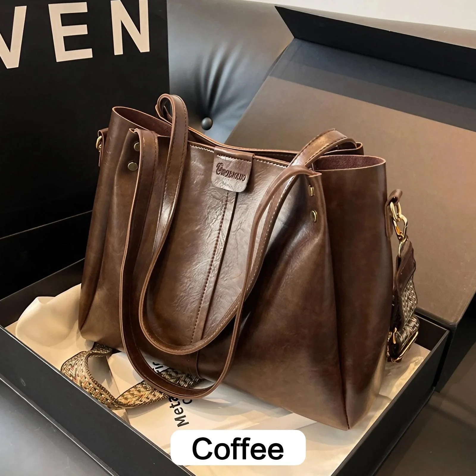 Large capacity PU leather shoulder bag with multi compartments, lightweight, waterproof, and stylish for everyday use. brown 01245