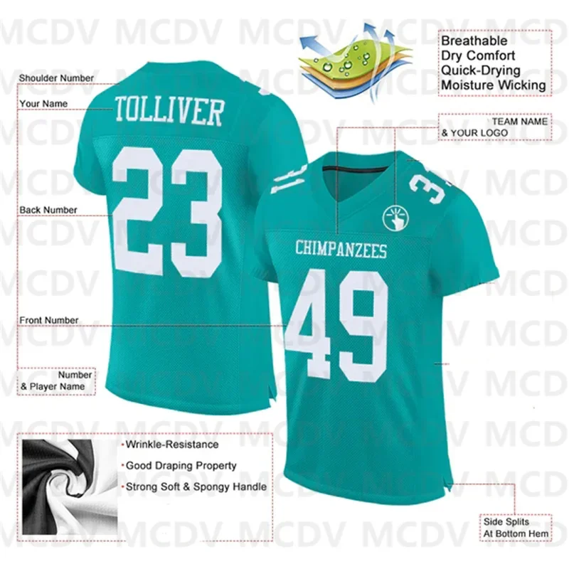 

Custom Aqua White Mesh Authentic Football Jersey Short Sleeves Athletic Tee Shirts Unisex Top streetwear