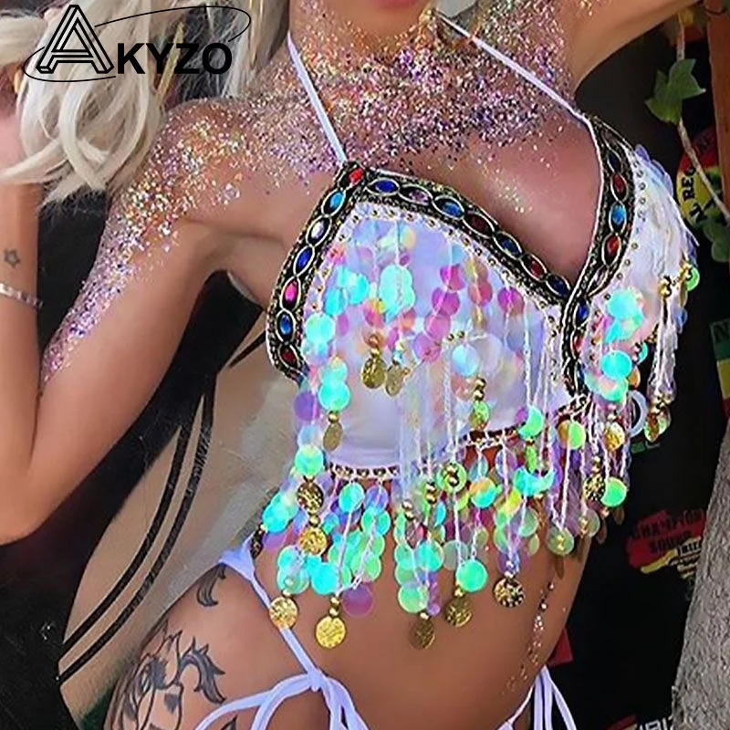 

Summer Rainbow Sequin Tassel Mermaid Rave Festival Clubwear Body Harness Bra Bralette Sexy Crop Top Chiffon Boho Camis Tank Tops