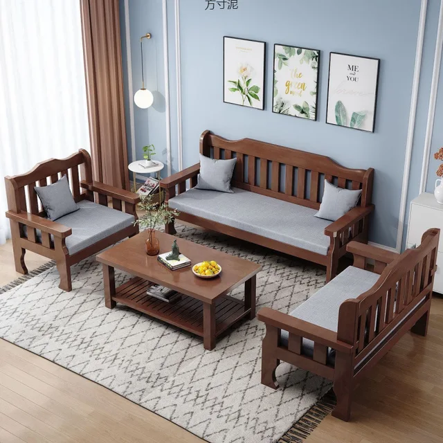 Solid wood bench combination sofa small apartment simple leisure living room retro balcony new Chinese style office wooden sofa