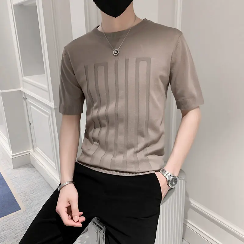 

2023 Summer New Men Slim Soft Short Sleeve Casual Tee Tops Streetwear Shirt Male Business O-neck Knitted Bottoming Shirt A63