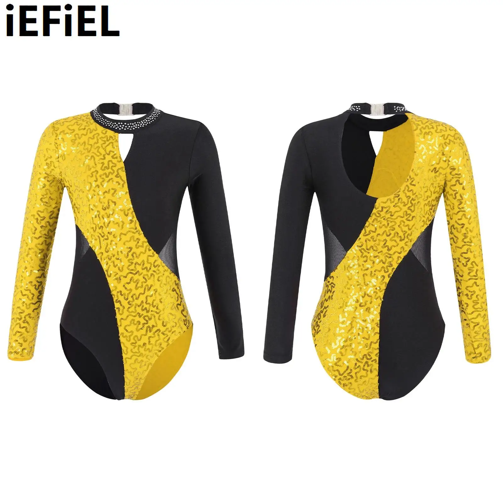 

Kids Girls Sequins Dance Leotards Long Sleeve Round Collar Hollow Back Contrast Color Shiny Patchwork Style Stylish Clothing