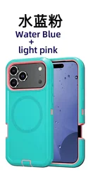 Shockproof Defender Armor Box with MagSafe Compatibility - Anti-Drop Hard Phone Case with Clip for iPhone 17 (Water Blue pink)