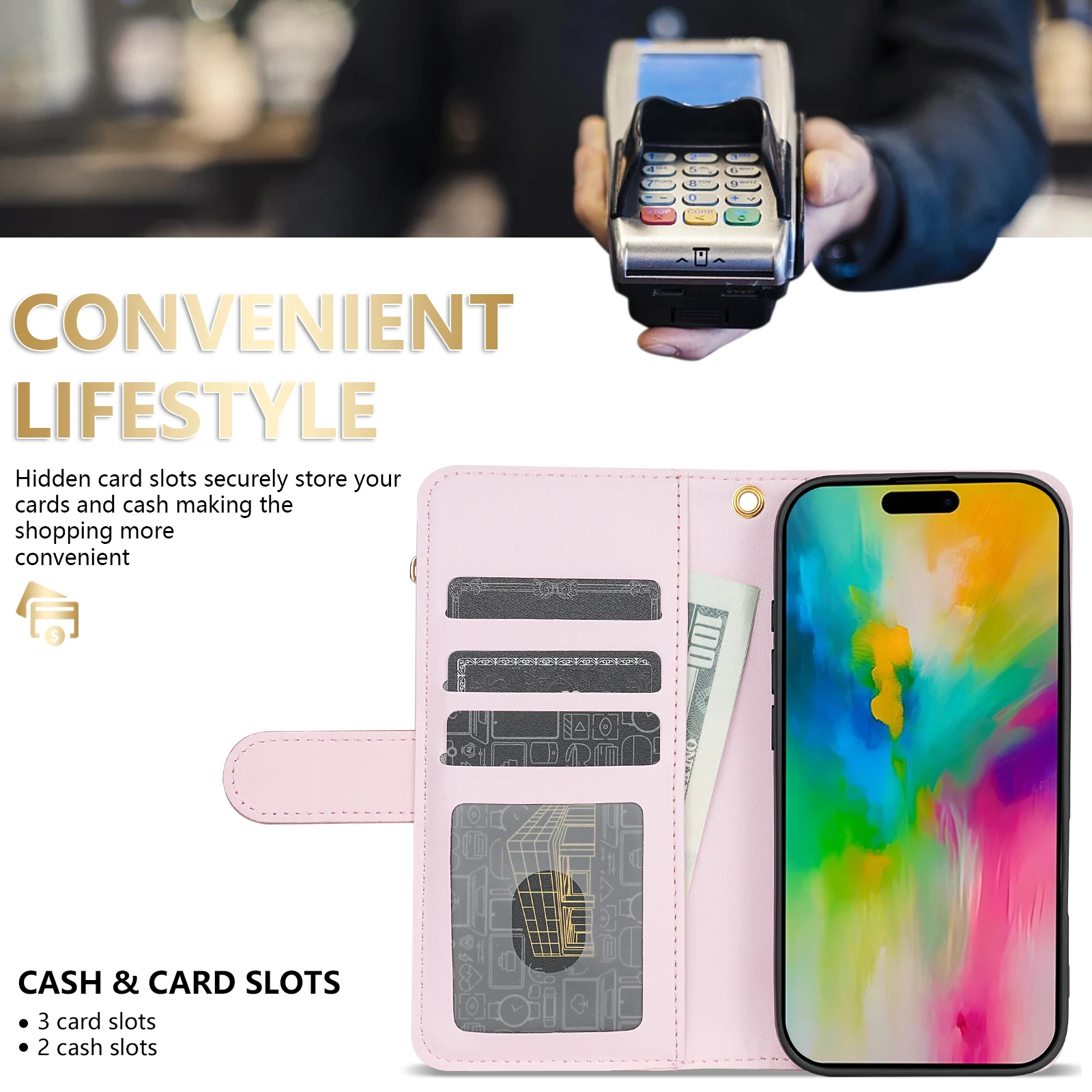 Compact Leather Wallet-Style Phone Case with Fragrance Zipper, Card Slots, and Magnetic Flip Closure