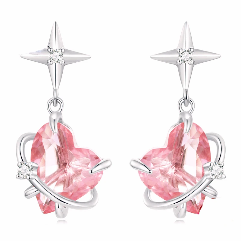 

Sterling Silver S925 Girls Planet Earrings Plated with Platinum Pink Star Surrounding Irregular Korean Edition Earrings