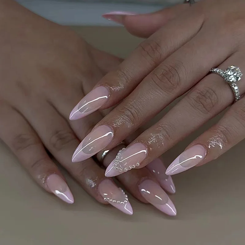 24pcs French Fake Nails Finished Almond Nails Sets Golden Bow Design False Nail Art Simple Datachable Press on Tips