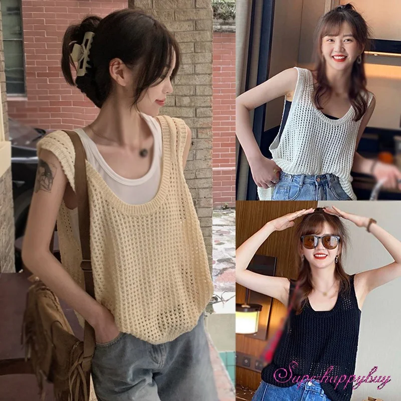 

Women's Hollow Out Tank Top Loose Casual Basics Sleeveless Solid Color Tops