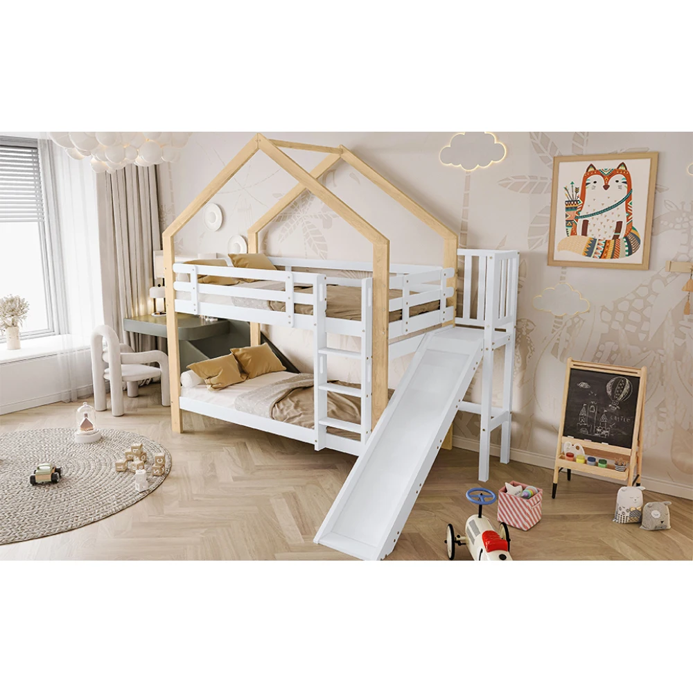 90x200cm Etagenbett mit Rutsche und dreistufiger Winkelrolltreppe, Bett mit Sturzschutz, Kinderbett, Bettrahmen aus Massivholz – Detail 12