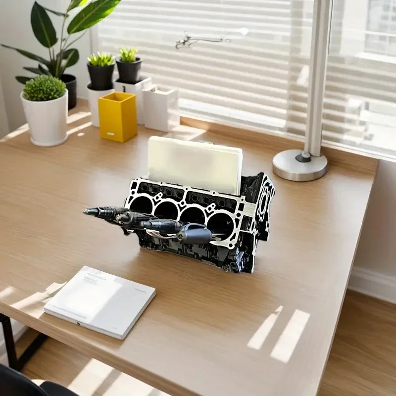 Creative Engine Block Desk Organizer Business Card Pen Holder Perfect Gift for Car Enthusiasts Resin Construction