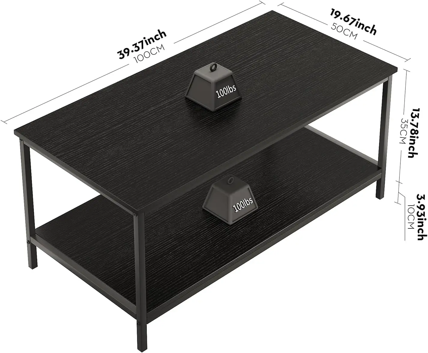 Black Coffee Table for Living Room Modern Rectangle 2-Tier Coffee Tables with Storage Industrial Wood Center Table for Large 3