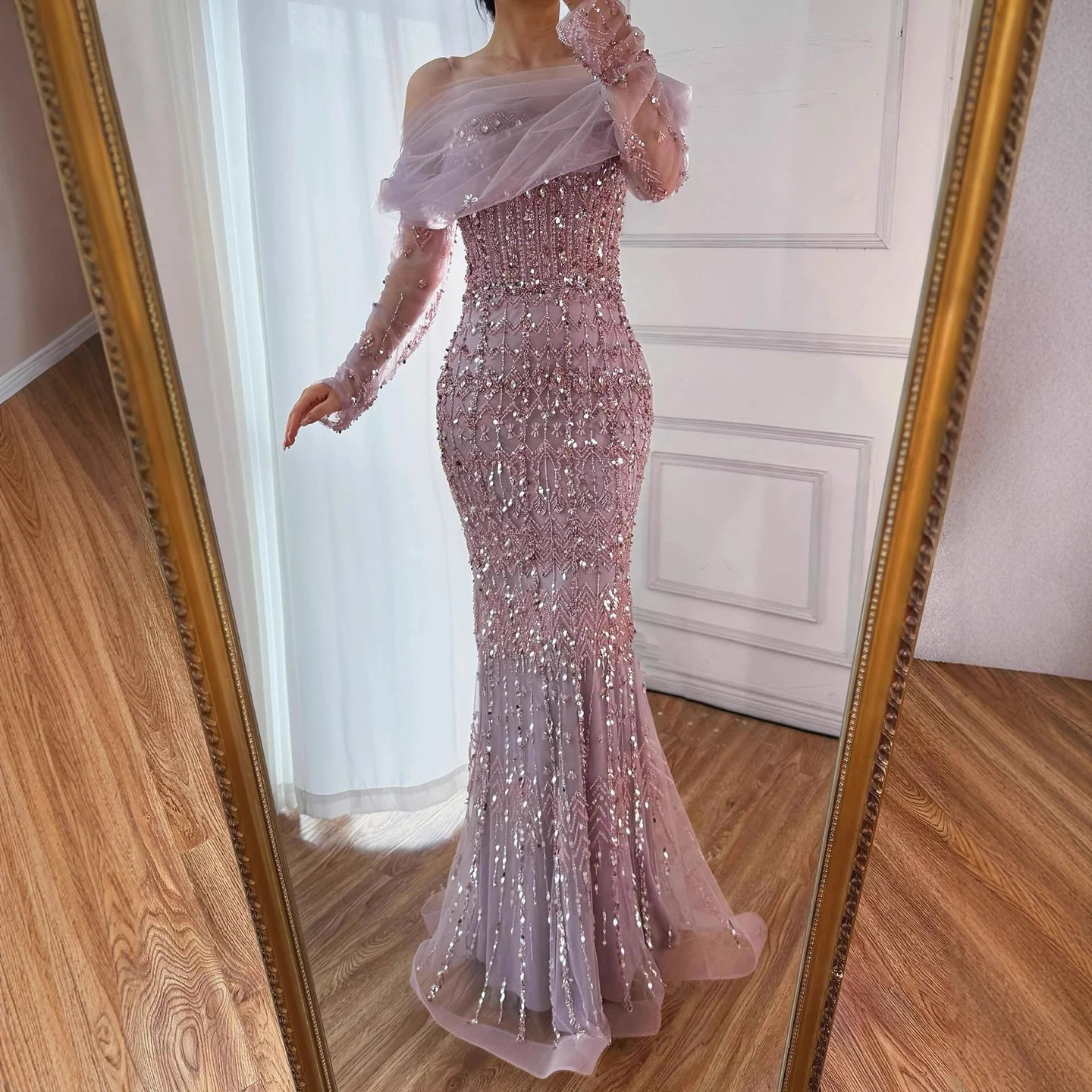 Serene Hill 2025 Arabic White Mermaid Short Beaded Long Evening Dresses Gowns For Occasion LA72714 Customized 4