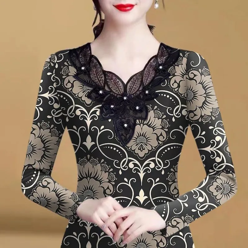 Women's Lace Tie Flowers Patchwork V-Neck Underlay Autumn and Winter ...