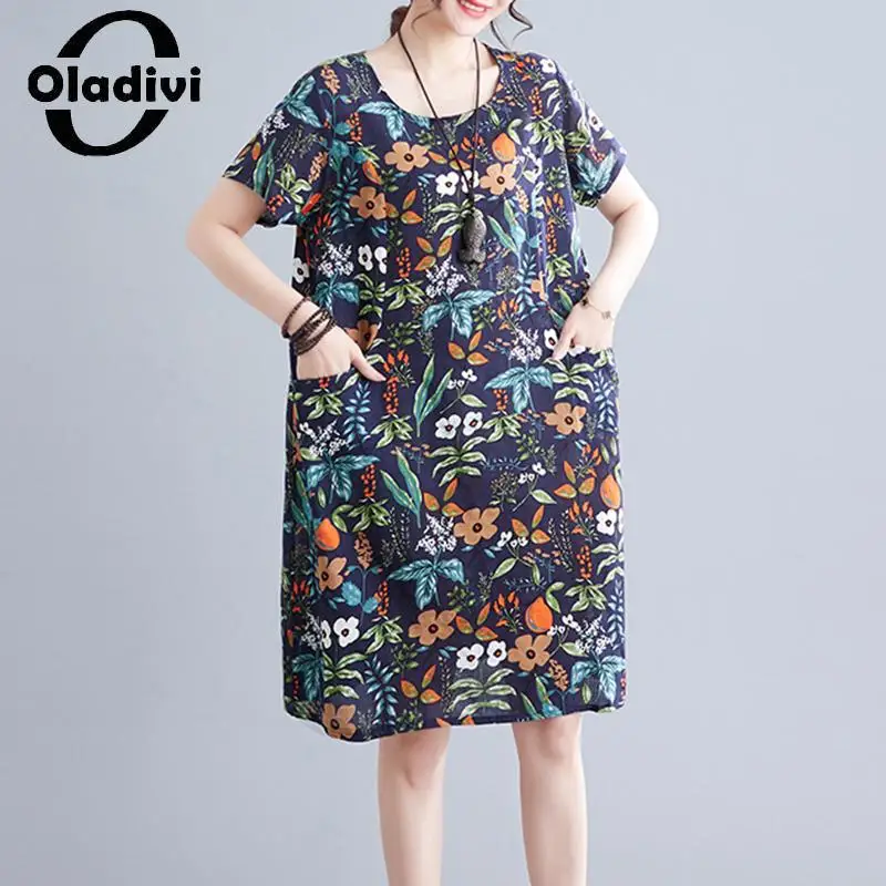 

Oladivi Fashion Women Short Sleeve Cotton Linen Dress 2023 Summer New Casual Loose Dresses Vintage Ladies Oversize Clothing 5213