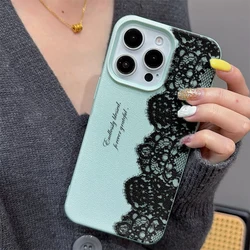 Elegant Shockproof Black Lace Lichee Pattern Soft Phone Case Cover - iPhone 15 Pro (Green - SCZ020715)