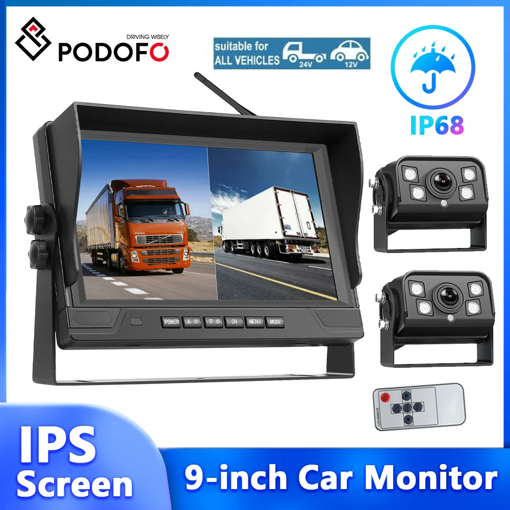 Podofo 9 인치 IPS 스크린 자동차 모니터, BSD IP68 방수, 적외선 야간 투시경, 후방 카메라 2 대
