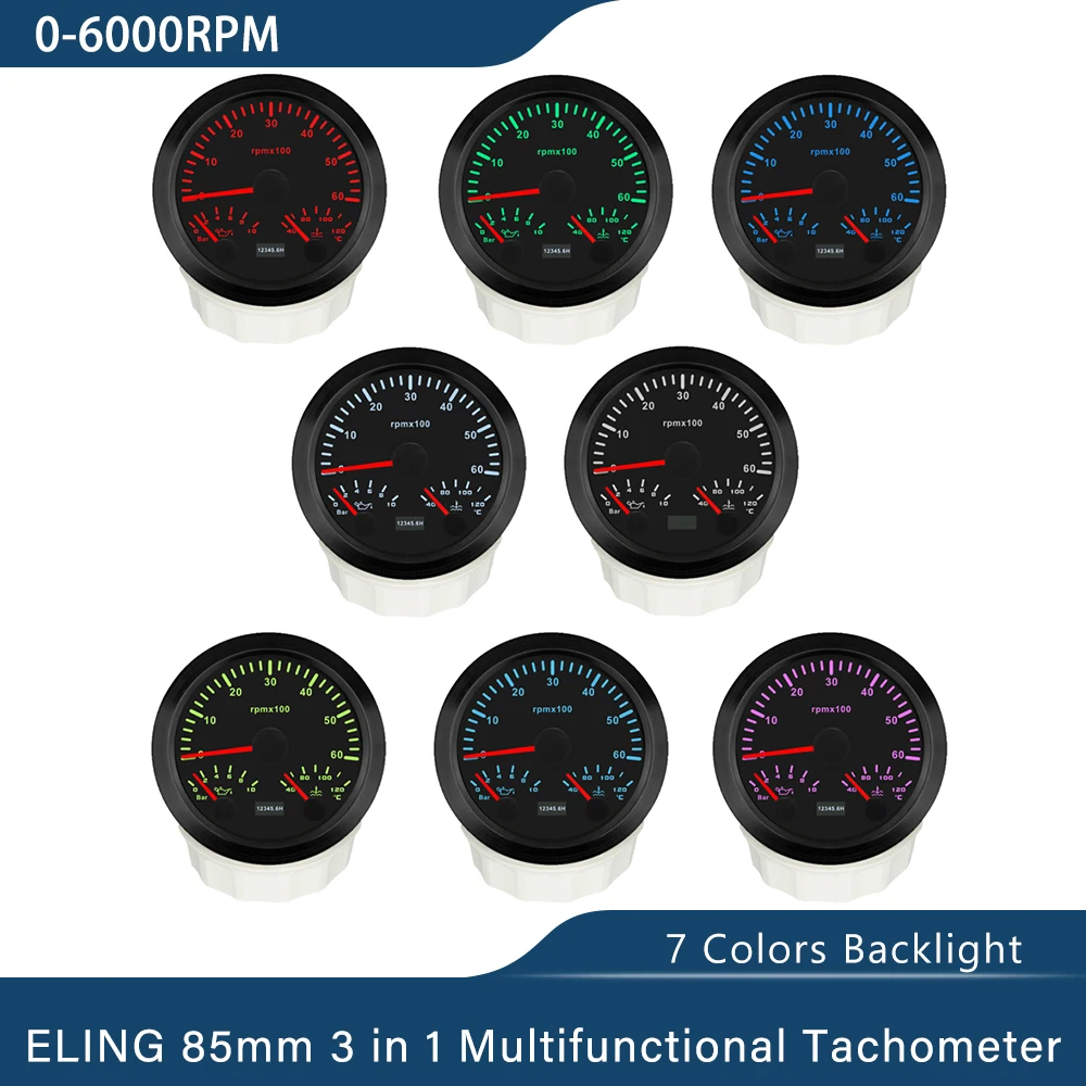 Marine 85mm 3 in 1 Multifunctional 4000RPM 6000RPM 0-8000RPM Tachometer with Oil Pressure Water Temp 7 Colors Backlight 12V 24V