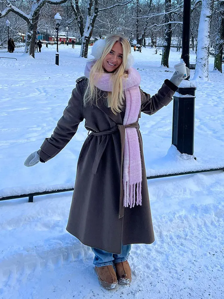 

Winter Fashion Warm Belts Long Coat For Women Fashion Solid Lapel Woolen Outwear Female Causal Loose Thicken Streetwear Jackets