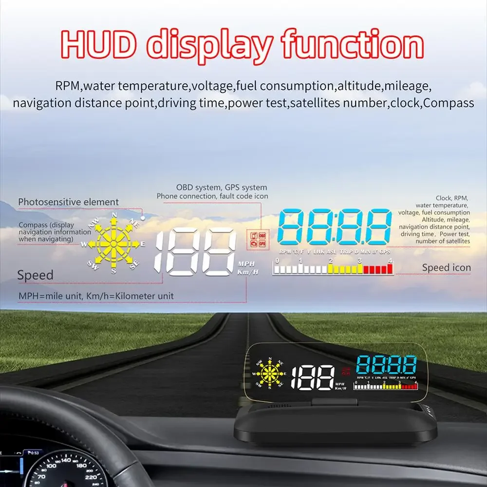 OBD2 GPS HUD Mirror Car Head Up LED Display Navigation Digital Speed Projector Security Alarm Oil Temp Pressure