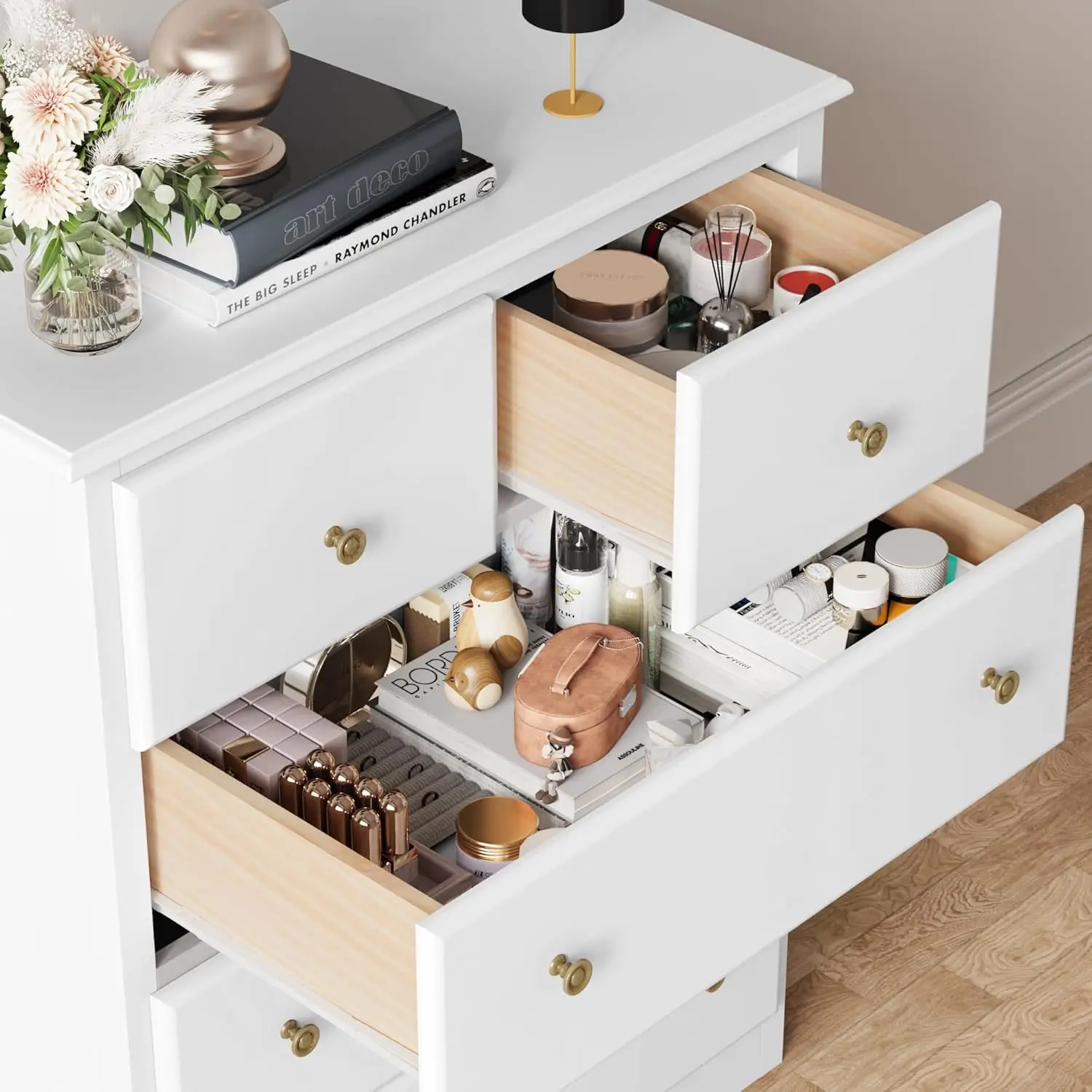 Dresser with 5 Drawers, Tall Chest of Drawers, 5 Drawer with Deep Space, Wood Storage Cabinet fo